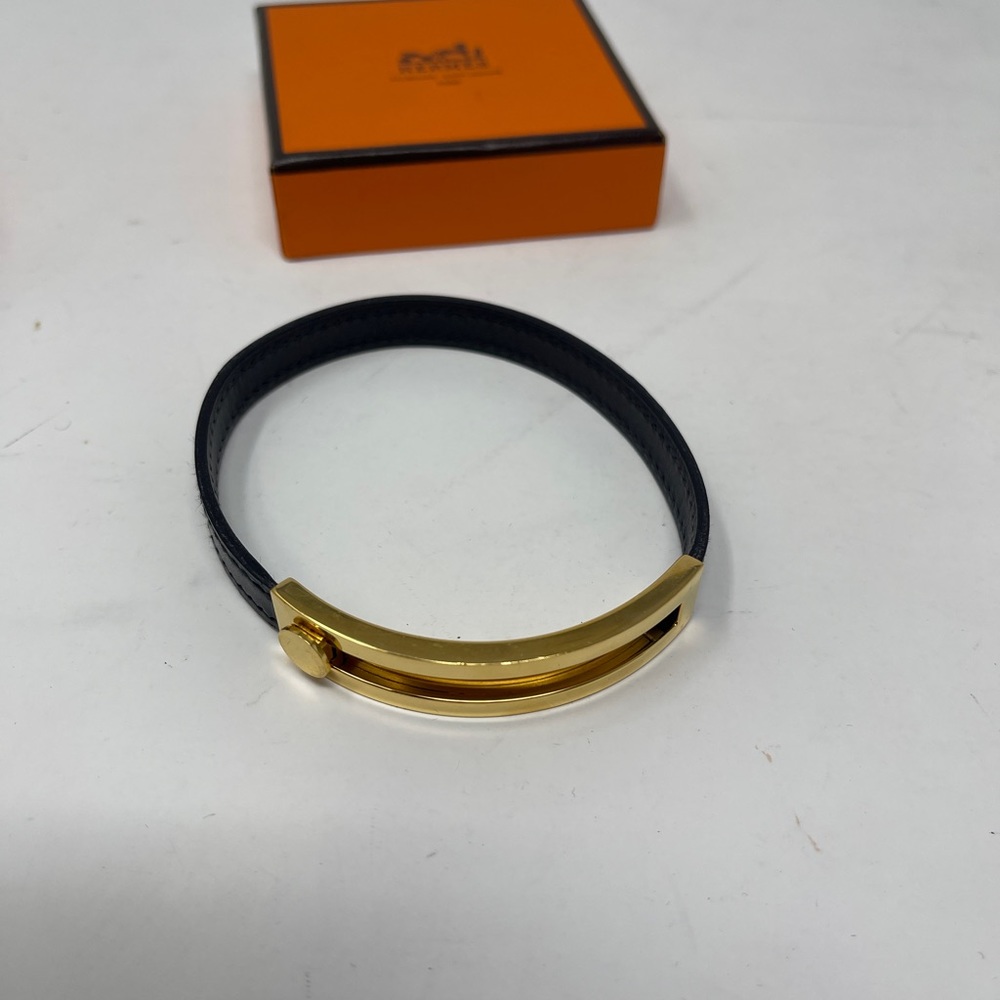 Hermes black leather gold metal slide lock bracelet - Picture 8 of 10